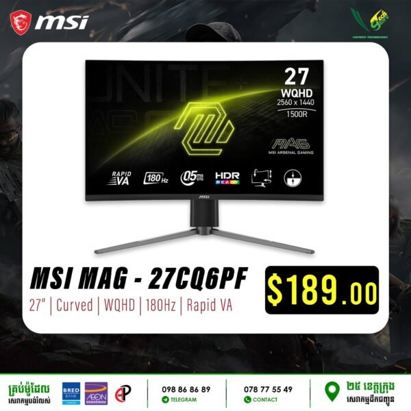 Gaming Monitor MSI MAG 27CQ6PF (27" Curved / WQHD, Rapid VA / HDR Ready / 180Hz / 0.5ms / HDMI 2x Port, 1x DP / 3 years) - Image 3