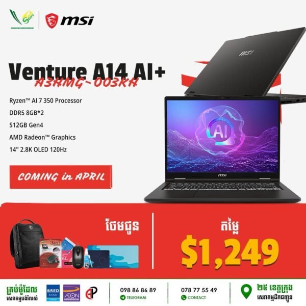 10 Office Laptop Laptop MSI Venture A14 AI+ | A2HMG-003KH (AMD Ryzen AI 7 350 Processor\ 16GB DDR5\ AMD Radeon Graphics\ 512GB Gen4\ 14" 2.8K OLED 120Hz\ Windows 11) - Image 3