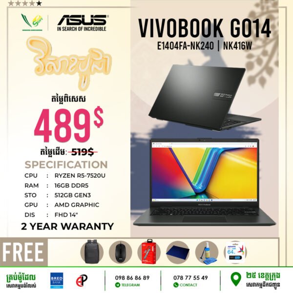 09 Office Laptop Asus Vivobook GO14 | E1404FA-NK240 | 416W (Ryzen R5-7520U\ 16GB DDR5\ AMD Graphic\ 512GB Gen3\ 14" FHD\ Windows 11) - Image 3