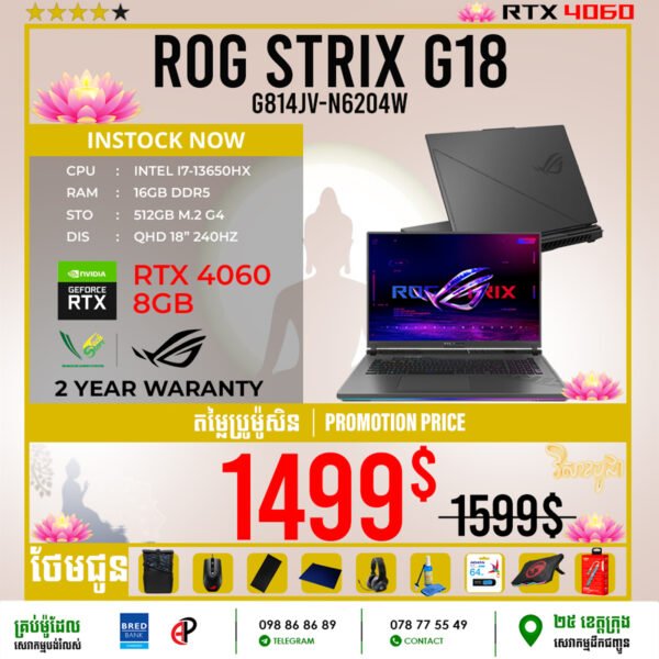 01 Gaming Laptop Asus ROG Strix G18 | G814JV-N6204W (Intel i7-13650HX\ 16GB DDR5\ RTX 4060 8GB\ 512GB Gen3\ QHD 18" 240Hz\ Windows 11) - Image 3