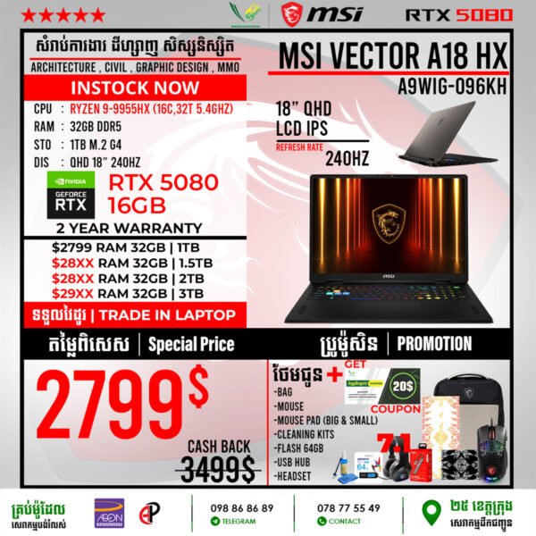 03 Gaming Laptop MSI Vector A18 HX | A9WIG-096KH (RTX 5080 16GB) - Image 3