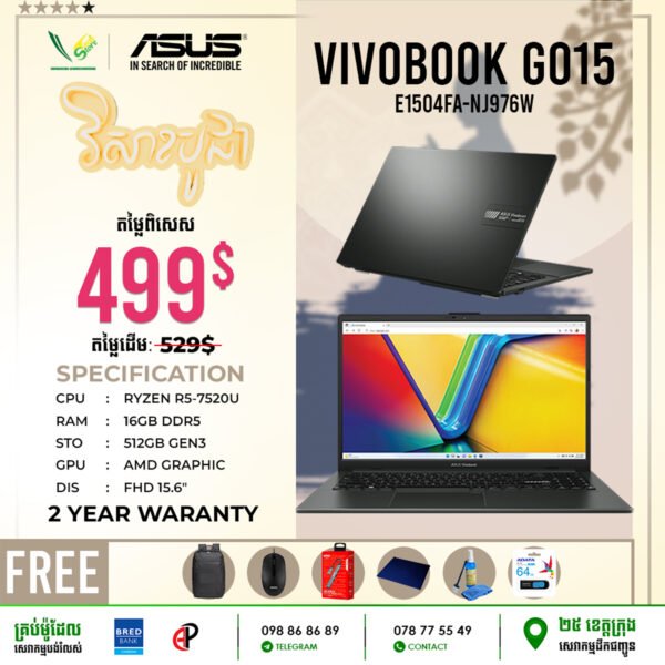 09 Office Laptop Asus Vivobook GO15 | E1504FA-NJ976W (Ryzen R5-7520U\ 16GB DDR5\ AMD Graphics\ 512GB Gen3\ 15.6" FHD\ Windows 11) - Image 3