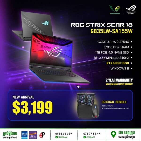 01 Gaming Laptop Asus ROG Scar 18 | G835LW-SA155W (Intel Core Ultra 9 275HX\ 32GB DDR5\ RTX 5080 16GB\ 1TB PCIE 4.0\ 18" 2.5K Mini LED 240Hz\ Windows 11) - Image 3