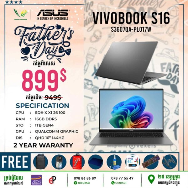 09 Office Laptop Asus VivoBook S16 | S3607QA-PL017W (SD X X1 26 100\ 16GB DDR5\ Qualcomm Graphic\ 1TB Gen4\ QHD 16" 144Hz\ Windows 11) - Image 3